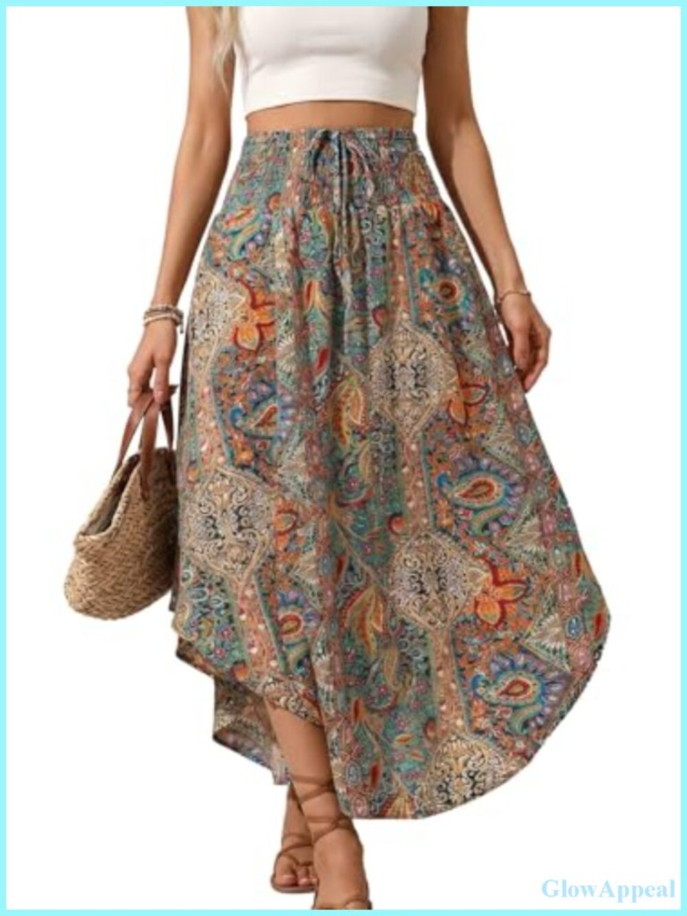 Boho Maxi Skirt for Women Pleated Flowy High Waist A-Line Summer Beach Vacation